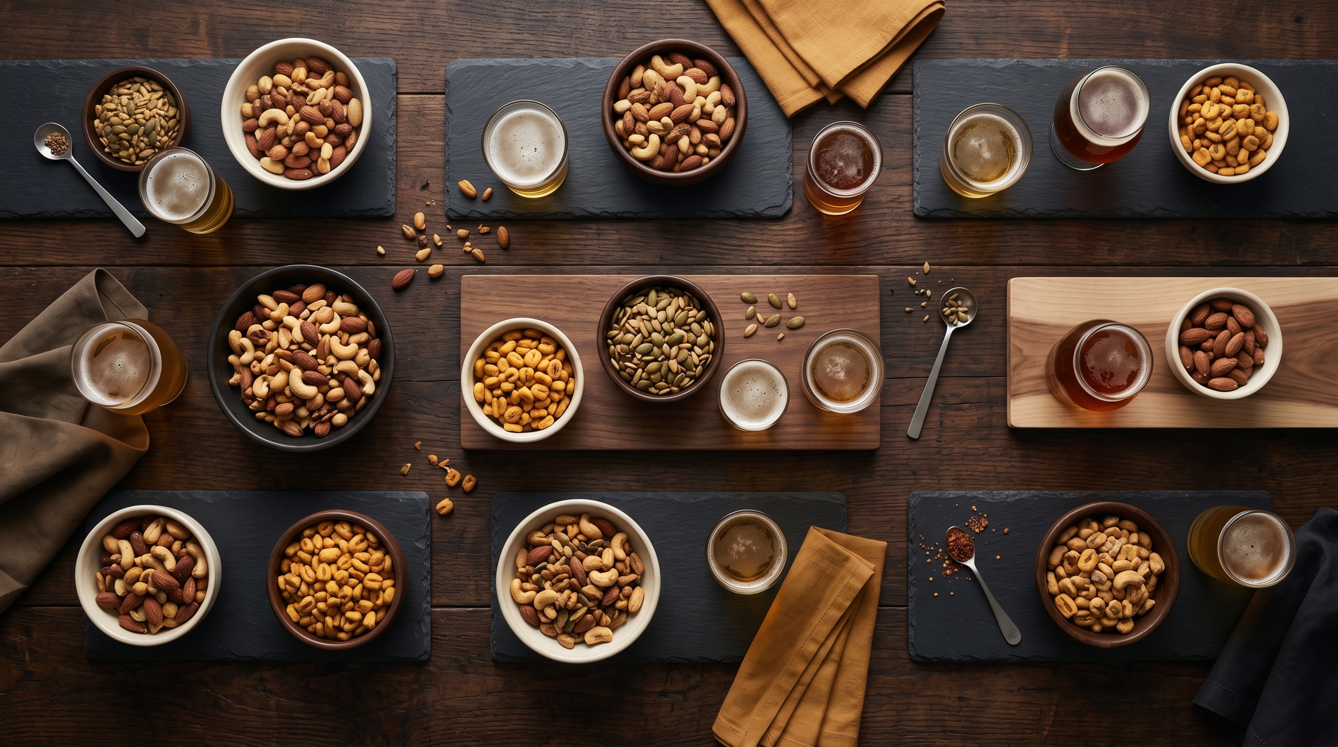 An overhead spread of tasting glasses and snack bowls on a dark wood brewery table